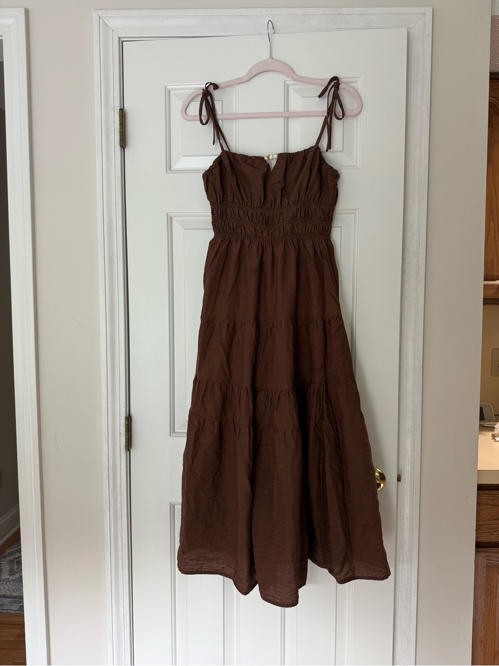 Brown Tie-Strap Tiered Maxi  Dress